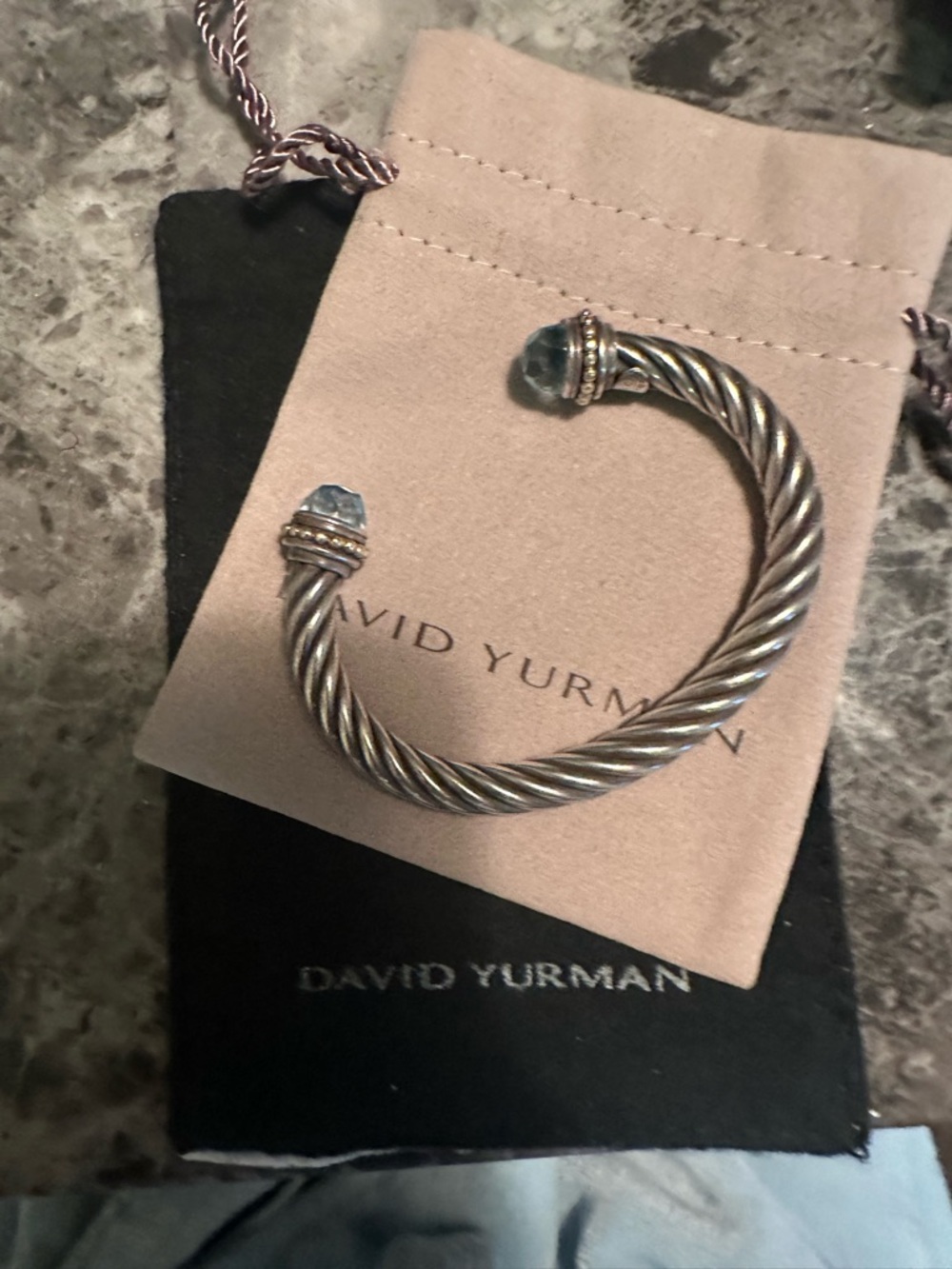David Yurman Silver Cable Cuff Bracelet with Topaz Ends